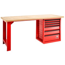 Maintenance workbench – 6 drawers, wooden top, 2 m