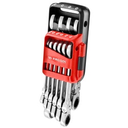 Metric hinged ratchet combination wrench set in portable case