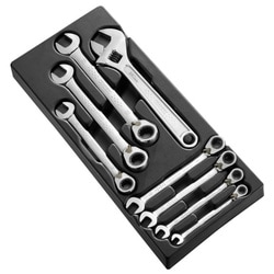 EXPERT  Module of 7 metric ratchet combination wrenches and 1 adjustable wrench in thermoformed tray
