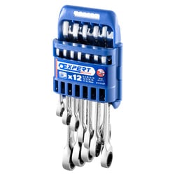 EXPERT  Set of 12 metric flat ratcheting wrenches on portable case. Rack 8-19mm