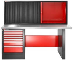 Heavy-duty workbench 2182mm - 7 drawers - stainless steel worktop - high version and shutter cabinet