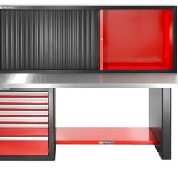Heavy-duty workbench 2182 mm - 7 drawers - stainless steel worktop - low version and shutter cabinet
