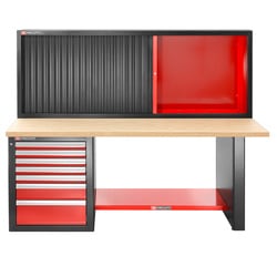Heavy-duty workbench 2182 mm - 7 drawers - wooden worktop - low version and shutter cabinet