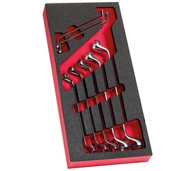 7-piece set of inch and metric angled offset-ring wrenches in foam tray