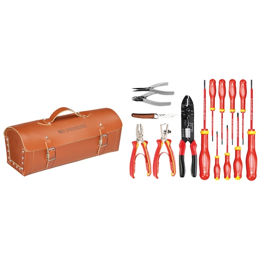 Compact leather toolbag with electronic set 15 tools VE
