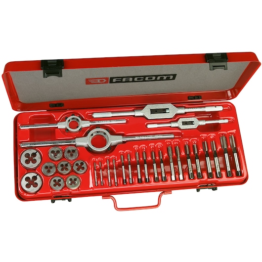 Tap and die set, 31 pieces, M3 to M12, 18 taps, 9 dies