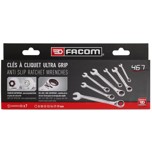 Reversible ratchet wrench set, 7 pieces ( 8 to 19 mm)