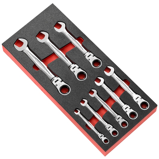 Articulated ratchet wrench set, foam module