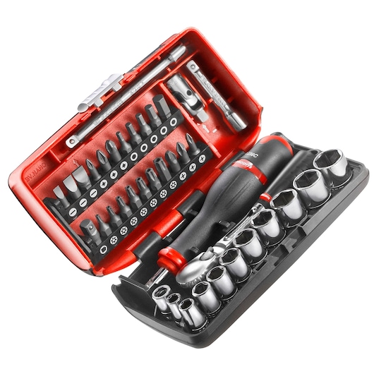 1/4" socket set, 38 pieces, NANO, pear-head ratchet