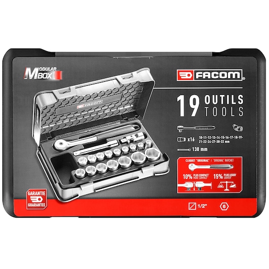 1/2" socket set, 19 pieces, MBOX, original round head ratchet