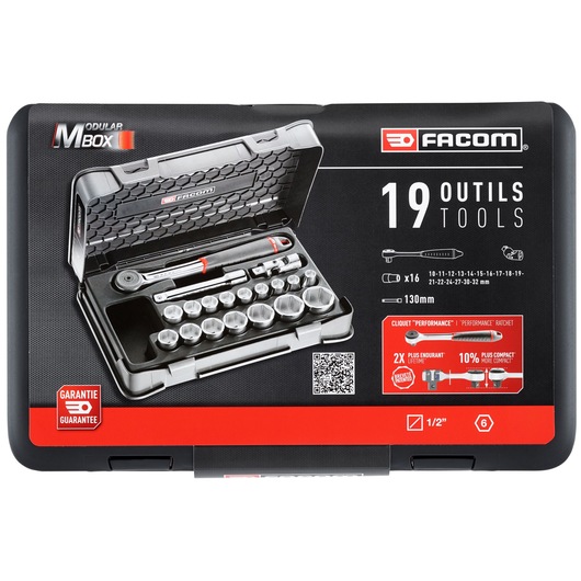 1/2" socket set, 19 pieces, MBOX, performance round head ratchet