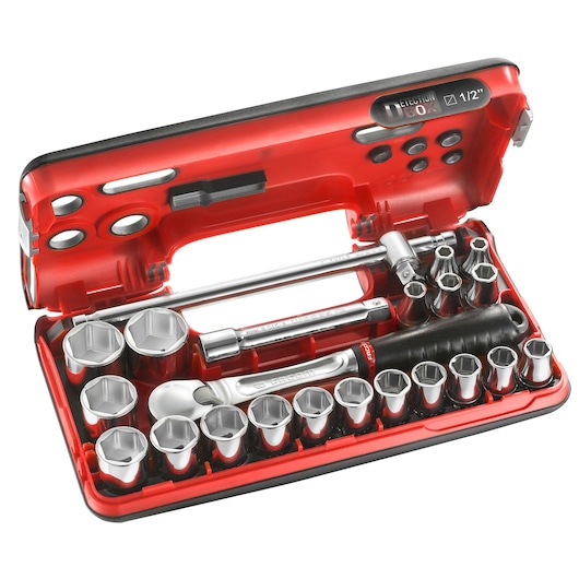 1/2" socket set, 22 pieces, DBOX, pear-head ratchet