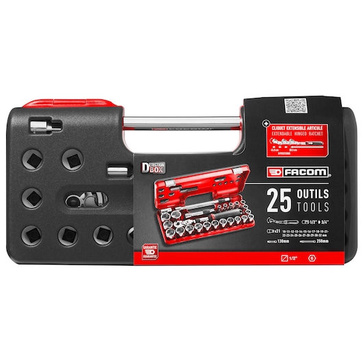 1/2" socket set, 25 pieces, DBOX, extendable ratchet with push-lock system